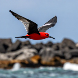 Caribbean Holidays, Barbados Birdwatching, Close-up view of a red-billed tropicbird flying above the rugged east coast of Barbados