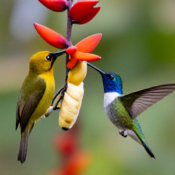 Caribbean Holidays, Barbados Birdwatching, Close-up wildlife photography scene in Barbados, hummingbird and bananaquit feeding in tropical flowers near a quiet garden