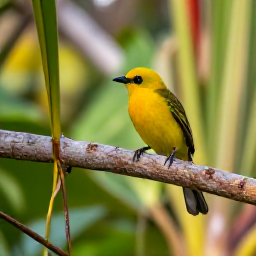Caribbean Holidays, Barbados Birdwatching, Close view of a bright Barbados bird perched on a tropical branch, with soft morning light and lush vegetation