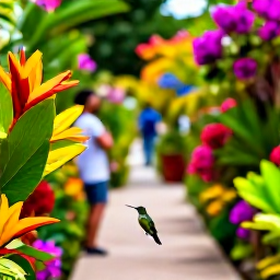 Caribbean Holidays, Barbados Birdwatching, Colourful Barbados garden with a tiny hummingbird visiting tropical flowers while a visitor watches quietly from a path