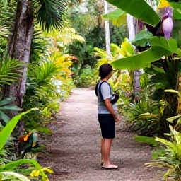 Caribbean Holidays, Barbados Birdwatching, Colourful tropical birds in the leafy grounds of Barbados Wildlife Reserve, with a visitor quietly observing from a woodland path