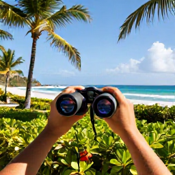 Caribbean Holidays, Barbados Birdwatching, Comfortable Barbados holiday scene with binoculars, tropical greenery and a sunny beach in the background
