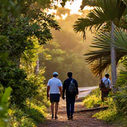 Caribbean Holidays, Barbados Birdwatching, Early morning birdwatchers walking through a lush Barbados woodland in soft golden light