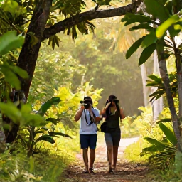 Caribbean Holidays, Barbados Birdwatching, Early morning birdwatchers walking through a quiet Barbados woodland with binoculars, soft tropical light and lush green foliage