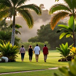 Caribbean Holidays, Barbados Birdwatching, Early morning birdwatchers walking through a quiet tropical garden in Barbados in December