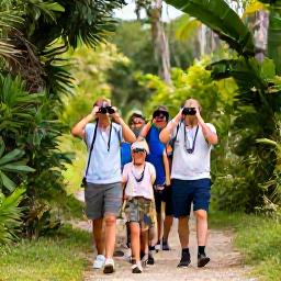 Caribbean Holidays, Barbados Birdwatching, Friendly birdwatching guide and visitors walking along a shaded nature trail in Barbados with binoculars
