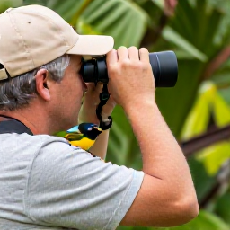 Caribbean Holidays, Barbados Birdwatching, Friendly birdwatching guide showing a visitor a small tropical bird in Barbados, with binoculars and a leafy background