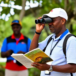 Caribbean Holidays, Barbados Birdwatching, Friendly birdwatching guide showing binoculars and a field guide to visitors in Barbados
