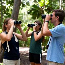 Caribbean Holidays, Barbados Birdwatching, Friendly guided birdwatching excursion in Barbados, small group using binoculars on a shaded nature trail
