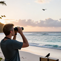 Caribbean Holidays, Barbados Birdwatching, Peaceful Barbados coastline at sunrise with binoculars, a field guide and tropical birds nearby
