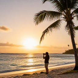 Caribbean Holidays, Barbados Birdwatching, Quiet Barbadian coastline at sunset with a birdwatcher looking across the sea, palms and warm golden light