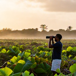 Caribbean Holidays, Barbados Birdwatching, Quiet dawn scene at Graeme Hall Swamp in Barbados, birdwatcher with binoculars beside tropical wetland, soft February morning light