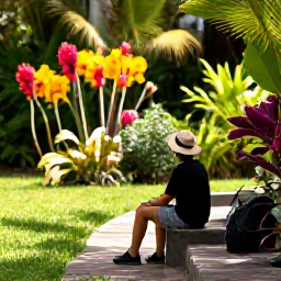 Caribbean Holidays, Barbados Birdwatching, Relaxed birdwatcher sitting in a shady Barbados botanical garden surrounded by tropical flowers