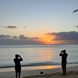 Caribbean Holidays, Barbados Birdwatching, Relaxed birdwatchers on a Barbados beach at sunset with binoculars and a calm Caribbean sea
