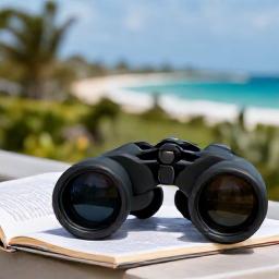 Caribbean Holidays, Barbados Birdwatching, Relaxed Caribbean holiday scene with binoculars, a field guide and Barbados coastline in the background