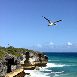 Caribbean Holidays, Barbados Birdwatching, Seabirds flying above rugged Barbados cliffs and a turquoise Atlantic coastline under a clear blue sky