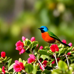 Caribbean Holidays, Barbados Birdwatching, Small colourful Caribbean birds perched among flowering shrubs in a Barbados garden