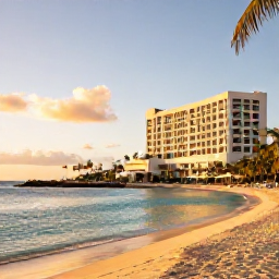 Caribbean Holidays, Barbados Business Class, Barbados west coast beach with calm turquoise water, golden sand, palm trees and a stylish beachfront hotel at sunset