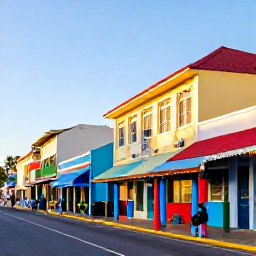 Caribbean Holidays, Barbados Business Class, Bridgetown Barbados street scene with colourful historic buildings, local shops and people exploring in warm afternoon sunshine