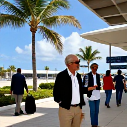 Caribbean Holidays, Barbados Business Class, Bright Barbados airport arrival with palm trees, welcoming travellers and a warm December Caribbean atmosphere