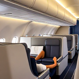 Caribbean Holidays, Barbados Business Class, Business class aircraft cabin with spacious seats, warm lighting and a traveller relaxing before a flight to Barbados