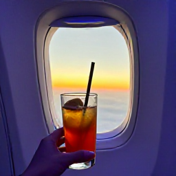 Caribbean Holidays, Barbados Business Class, Business class passenger enjoying a sunset drink beside an aircraft window, evoking a relaxed return journey from Barbados