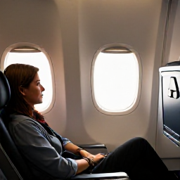 Caribbean Holidays, Barbados Business Class, Business class passenger relaxing in a comfortable aircraft seat beside a window, warm Caribbean light, elegant but natural travel scene