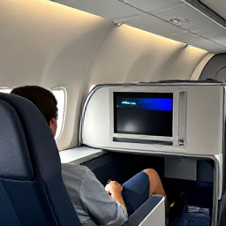 Caribbean Holidays, Barbados Business Class, Business class passenger relaxing in a comfortable aircraft seat on a flight to Barbados, elegant cabin, soft lighting
