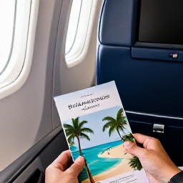 Caribbean Holidays, Barbados Business Class, Business-class passenger relaxing in a comfortable aircraft seat with a tropical Barbados holiday brochure, warm natural light and elegant surroundings