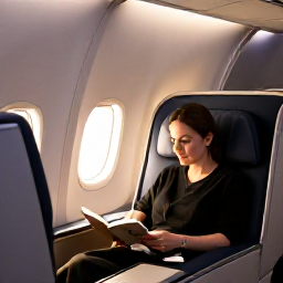Caribbean Holidays, Barbados Business Class, Business class passenger resting in a spacious flat-bed aircraft seat during a night flight to Barbados, warm reading light and elegant cabin interior