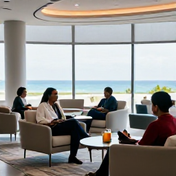 Caribbean Holidays, Barbados Business Class, Business class passengers relaxing in a bright modern airport lounge before a flight to Barbados