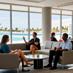Caribbean Holidays, Barbados Business Class, Business class passengers relaxing in a comfortable airport lounge before a flight to Barbados