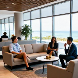 Caribbean Holidays, Barbados Business Class, Business class passengers relaxing in a stylish airport lounge before a flight to Barbados