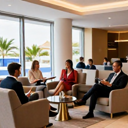 Caribbean Holidays, Barbados Business Class, Business class passengers relaxing in an elegant airport lounge before a flight to Barbados