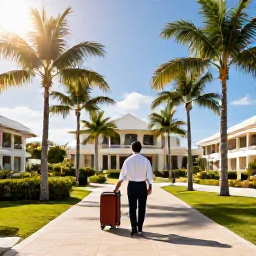 Caribbean Holidays, Barbados Business Class, Business-class traveller arriving at a stylish Barbados resort, greeted warmly with palm trees and bright Caribbean sunshine