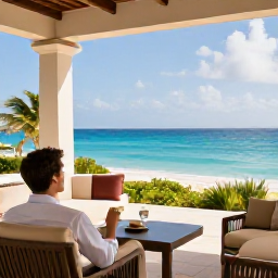 Caribbean Holidays, Barbados Business Class, Business class traveller enjoying a comfortable hotel terrace overlooking the Caribbean Sea in Barbados
