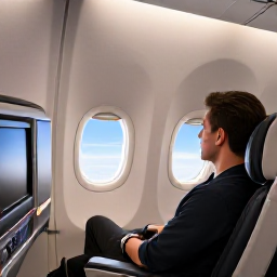 Caribbean Holidays, Barbados Business Class, Business class traveller relaxing in a comfortable aircraft seat on a flight to Barbados, soft cabin lighting and a glimpse of blue Caribbean sky