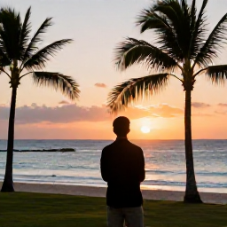 Caribbean Holidays, Barbados Business Class, Business-class traveller watching a Barbados sunset from a quiet beach, with palm silhouettes and warm evening light