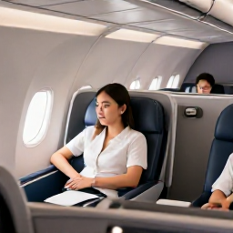 Caribbean Holidays, Barbados Business Class, Business class travellers relaxing in a comfortable aircraft cabin before a flight to Barbados