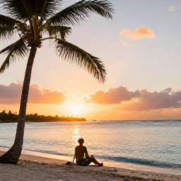 Caribbean Holidays, Barbados Business Class, Calm Barbados beach at sunset with palm trees, clear turquoise water and a comfortable traveller enjoying the shoreline