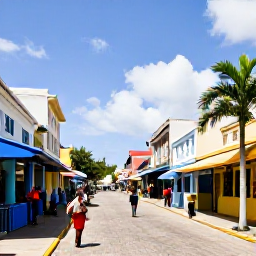 Caribbean Holidays, Barbados Business Class, Colourful Bridgetown street scene with historic buildings, local shops and people exploring in January sunshine