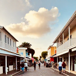 Caribbean Holidays, Barbados Business Class, Colourful Bridgetown street with historic buildings, local shops and visitors exploring Barbados in warm daylight