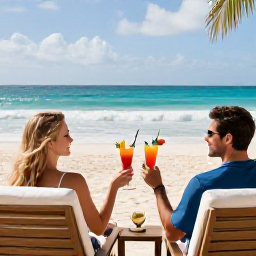 Caribbean Holidays, Barbados Business Class, Couple enjoying a relaxed Barbados holiday on a beach terrace with tropical drink, ocean view and comfortable sun loungers