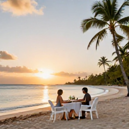 Caribbean Holidays, Barbados Business Class, Couple enjoying a sunset dinner beside a quiet beach in Barbados with the sea and palm trees in the background