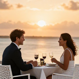 Caribbean Holidays, Barbados Business Class, Couple enjoying a sunset dinner beside the sea in Barbados with a relaxed, elegant holiday atmosphere
