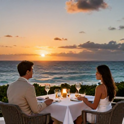 Caribbean Holidays, Barbados Business Class, Couple enjoying a sunset dinner overlooking the Caribbean Sea in Barbados, with a relaxed elegant atmosphere
