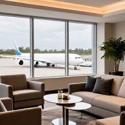 Caribbean Holidays, Barbados Business Class, Elegant airport lounge with comfortable seating, refreshments and large windows overlooking aircraft before a Barbados holiday