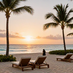 Caribbean Holidays, Barbados Business Class, Elegant Barbados beachfront hotel at sunset with comfortable loungers, palm trees and a calm sea