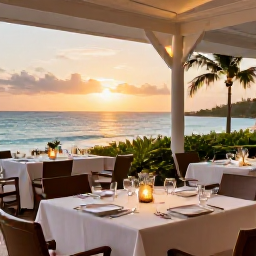 Caribbean Holidays, Barbados Business Class, Elegant Barbados beachfront restaurant at sunset with freshly prepared local food, soft lighting and views across the Caribbean Sea