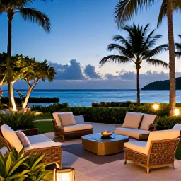 Caribbean Holidays, Barbados Business Class, Elegant Barbados resort terrace overlooking the sea, with comfortable outdoor seating, tropical gardens and evening light